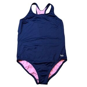 TYR Girls Navy Blue Solid Maxfit One Piece Swimsuit Durafast Elite XL 14/16 NWT